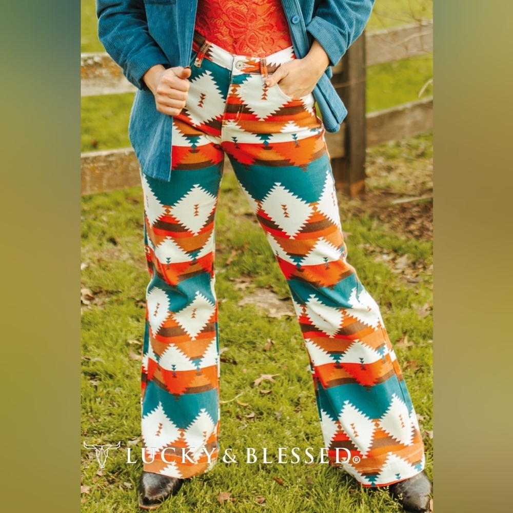 NEW LUCKY AND BLESSED Teal Red Aztec Printed Wide Leg Jeans (Tummy Control)